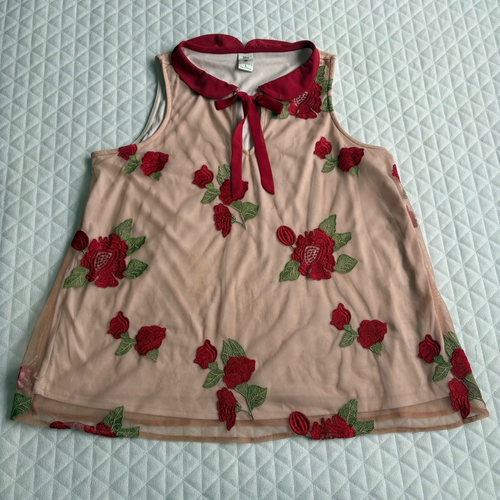 Disney Lauren Conrad Snow White Top Size L Peach Sheer Sleeveless Red Flowers